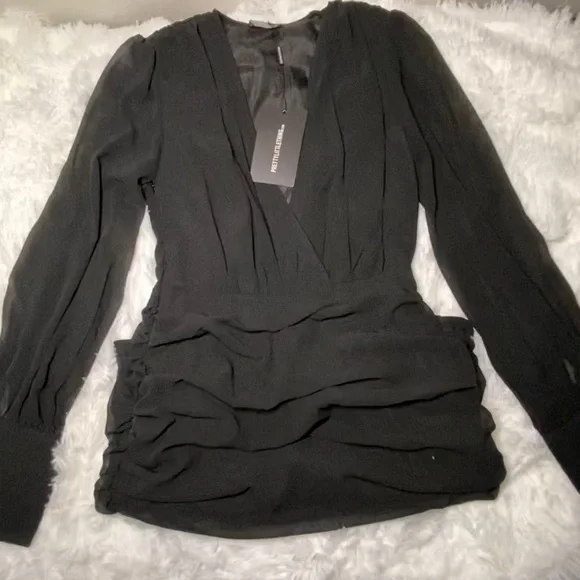 PLT Black Long Sleeve Chiffon Ruched Bodycon Dress PLT Black Long Sleeve Chiffon Ruched Bodycon Dress